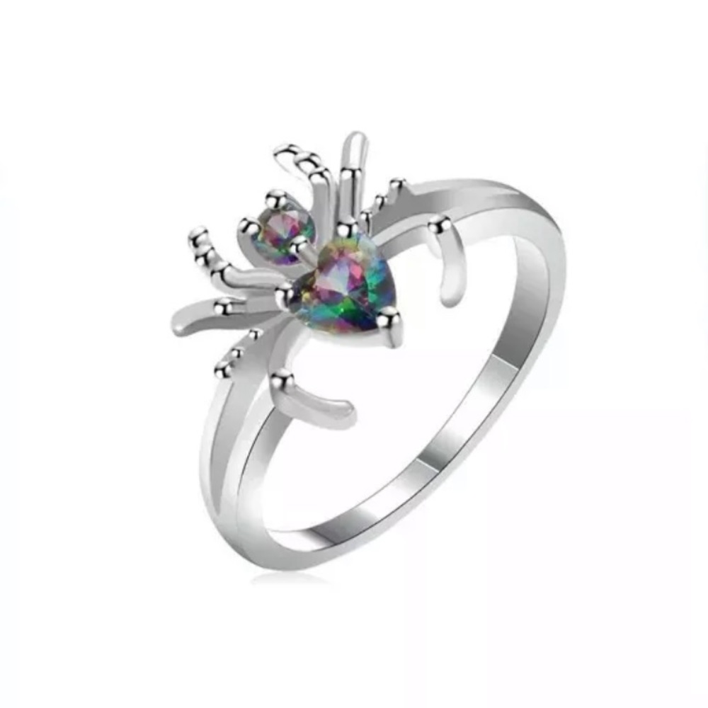Silver Spider Heart Purple Green Mystic Ring sz 7